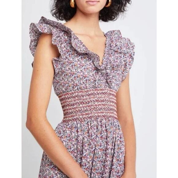 Anthropologie OPT Scilla Midi Dress Floral Ruffle V-Neck Smocked, Purple/ Red - Picture 2 of 11